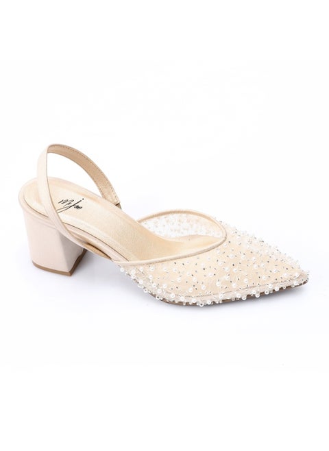 Mr Joe Elegant Rhinestones -Embellished Mesh Slingback Heels-Beige 3026