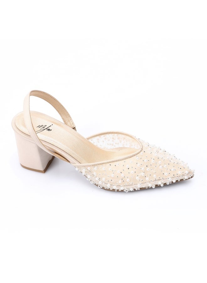 Mr.joe Mr Joe Elegant Rhinestones -Embellished Mesh Slingback Heels-Beige 3026  - Image 1