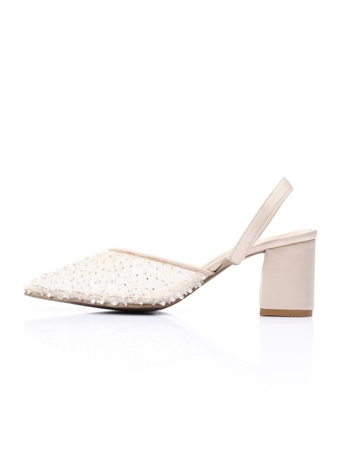 Mr.joe Mr Joe Elegant Rhinestones -Embellished Mesh Slingback Heels-Beige 3026  - Image 4