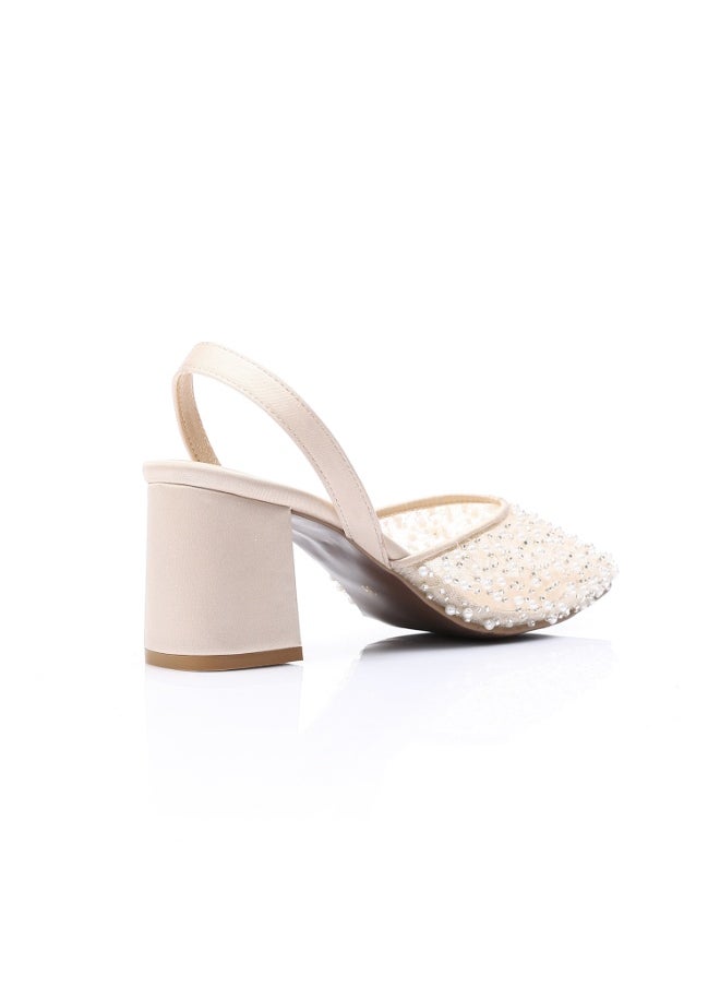 Mr.joe Mr Joe Elegant Rhinestones -Embellished Mesh Slingback Heels-Beige 3026  - Image 3
