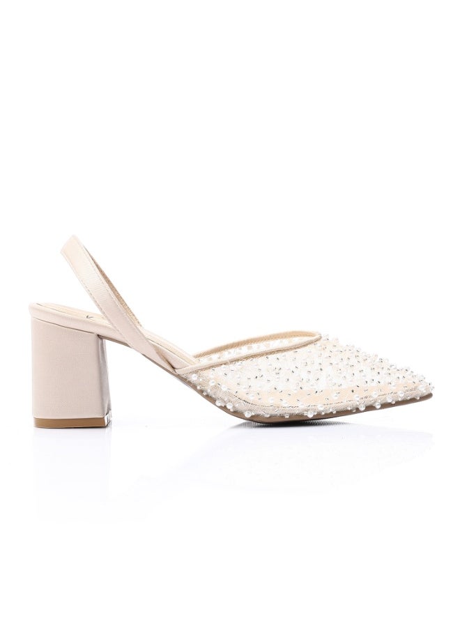 Mr.joe Mr Joe Elegant Rhinestones -Embellished Mesh Slingback Heels-Beige 3026  - Image 2