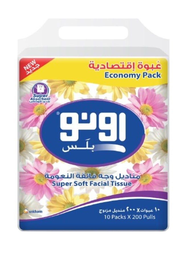 UNO plus SuperSoft Facial Tissues 200 Sheets x 2 Ply Pack of 10 - Image 1