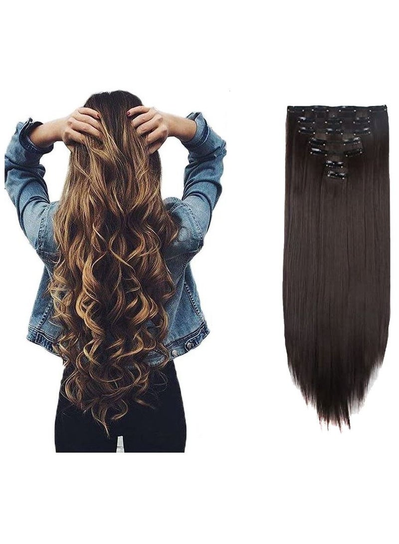 Estelle 7Pcs 16 Clips 24 Inch Thick Curly Straight Full Head Clip in on Double Weft Hair Extensions Medium Brown - Image 1