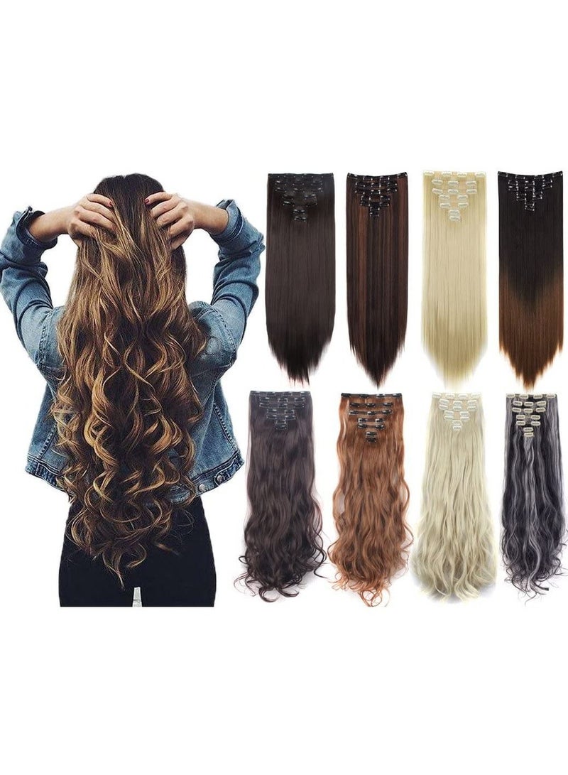 Estelle 7Pcs 16 Clips 24 Inch Thick Curly Straight Full Head Clip in on Double Weft Hair Extensions Medium Brown - Image 3