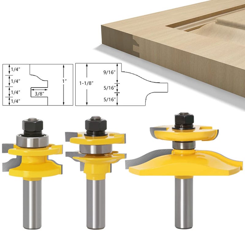 APLUS 3 PCS Router Bit Set, 1/2-Inch Shank Round Over Raised Panel Cabinet Ogee Door Rail and Stile Router Bits, Woodworking Wood Cutter - Image 1