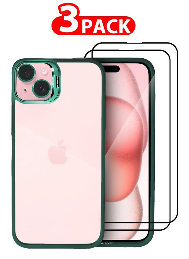 CATANES - 3 Pack iPhone 15 Plus Case Cover and Lens Protector and 2 Screen Protectors Built-in Camera Stand and Compatible with MagSafe Full Body Shockproof Case Clear Green - Image 1
