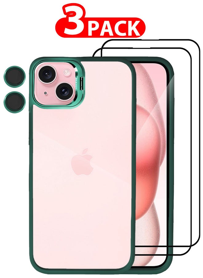 CATANES - 3 Pack iPhone 15 Plus Case Cover and Lens Protector and 2 Screen Protectors Built-in Camera Stand and Compatible with MagSafe Full Body Shockproof Case Clear Green - Image 1