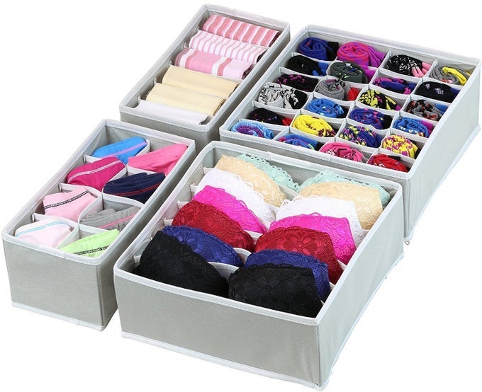 SET OF 4 FOLDABLE STORAGE BOX DRAWER DIVIDER ORGANIZER CLOSET STORAGE FOR SOCKS BRA TIE SCARFS WHITE LINER GREY S1014