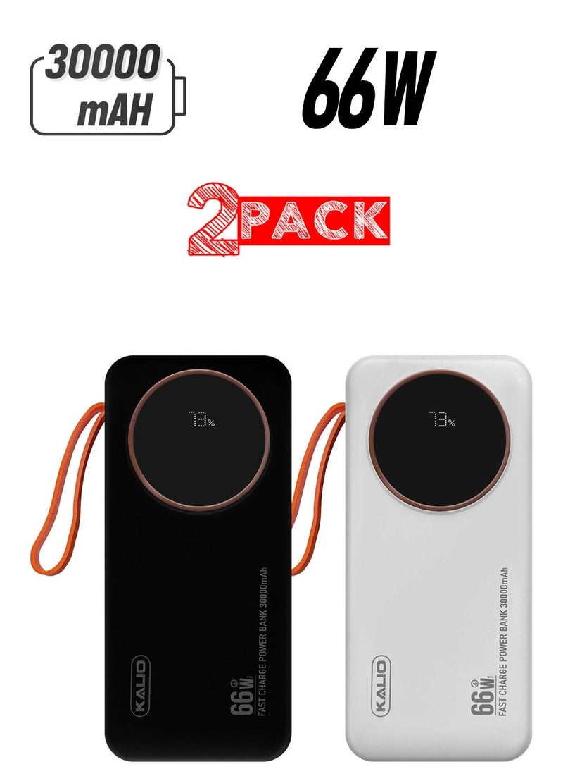 KALIO 2Packs R53A Power Bank 30000mAh - Ultra-Compact 66W High-Speed Charging with PD35W Support and Four Built-in Cables / White Black - Image 1