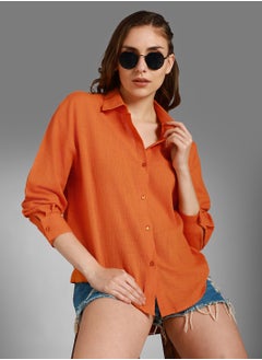 HIGH STAR Orange Boxy Fit Long Sleeves Casual Shirt for Women, Cotton  - Image 1