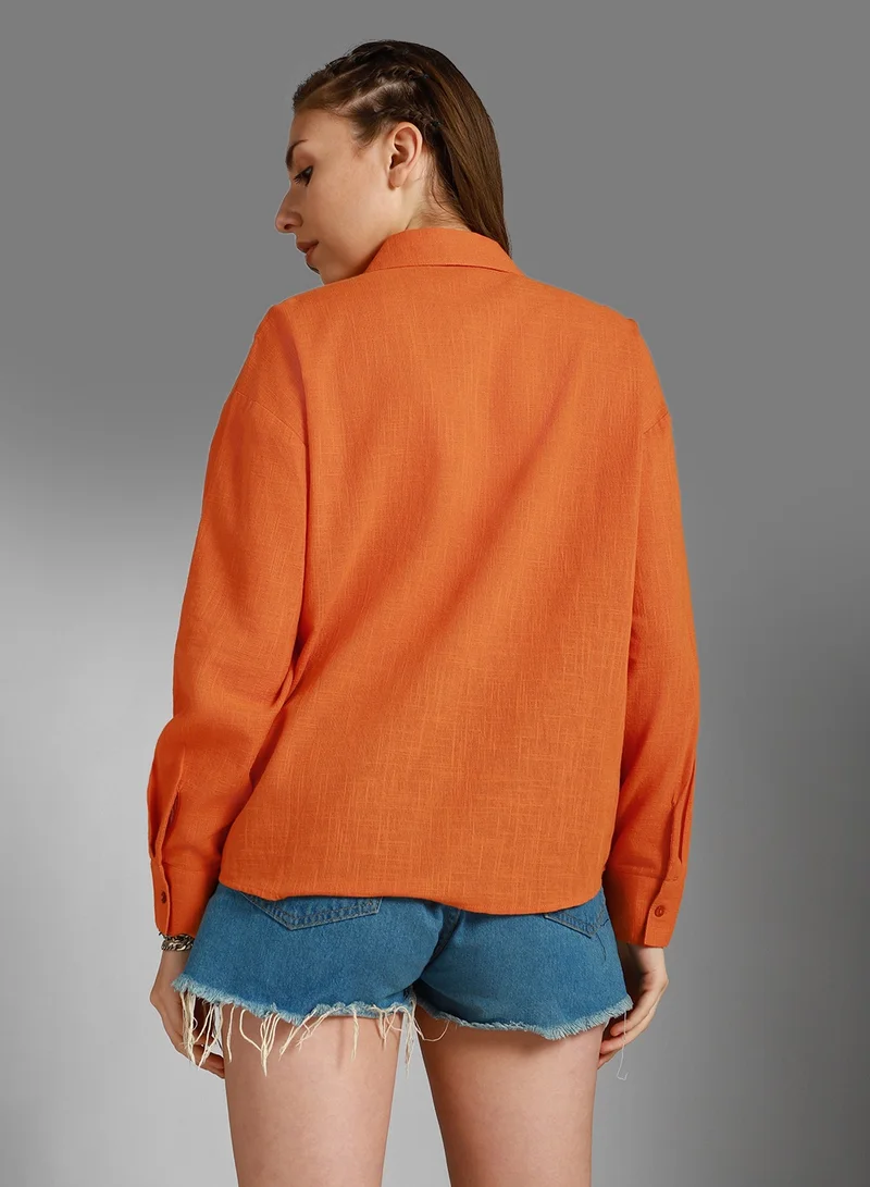 HIGH STAR Orange Boxy Fit Long Sleeves Casual Shirt for Women, Cotton
