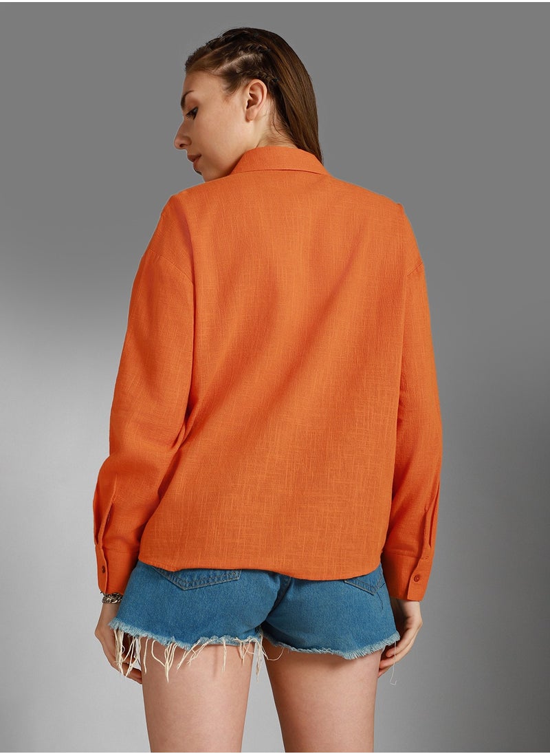 HIGH STAR Orange Boxy Fit Long Sleeves Casual Shirt for Women, Cotton  - Image 3