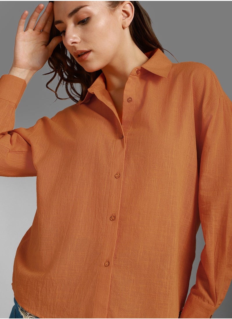 HIGH STAR Orange Boxy Fit Long Sleeves Casual Shirt for Women, Cotton  - Image 5