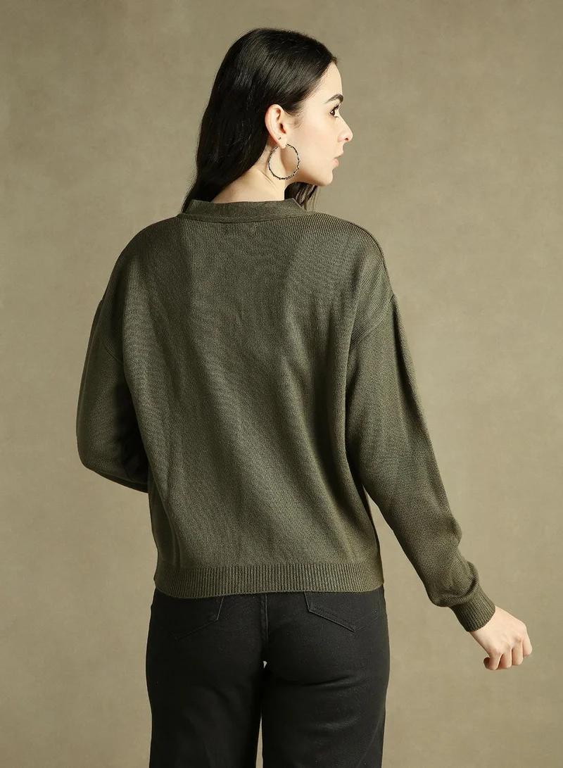 Dennis Lingo Women's Olive 100% Acrylic Solid Regular Fit Sweater
