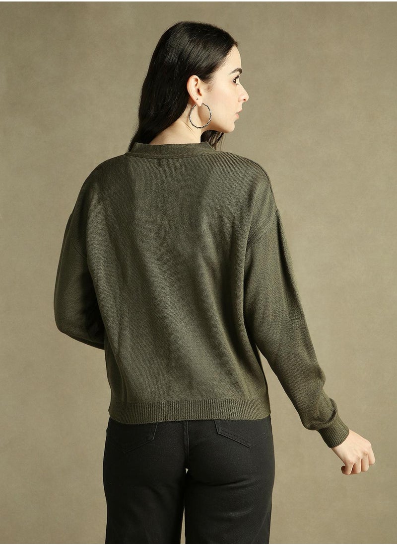 Dennis Lingo Women's Olive 100% Acrylic Solid Regular Fit Sweater  - Image 3
