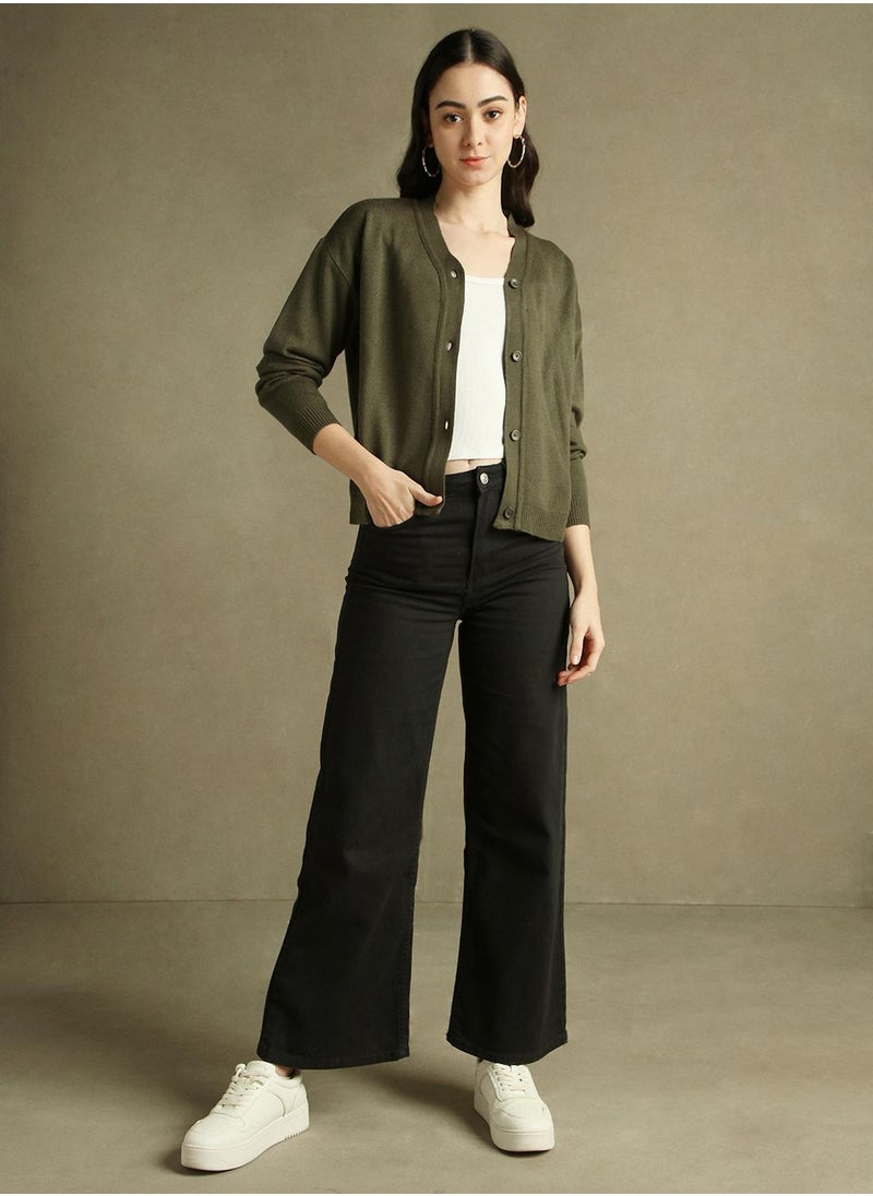 Dennis Lingo Women's Olive 100% Acrylic Solid Regular Fit Sweater  - Image 5