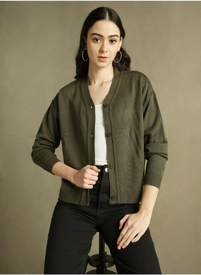 Dennis Lingo Women's Olive 100% Acrylic Solid Regular Fit Sweater