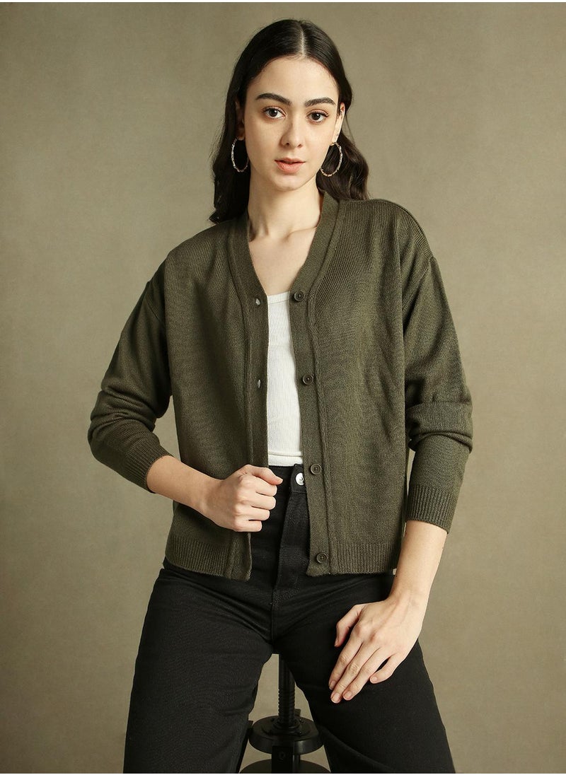 Dennis Lingo Women's Olive 100% Acrylic Solid Regular Fit Sweater  - Image 1