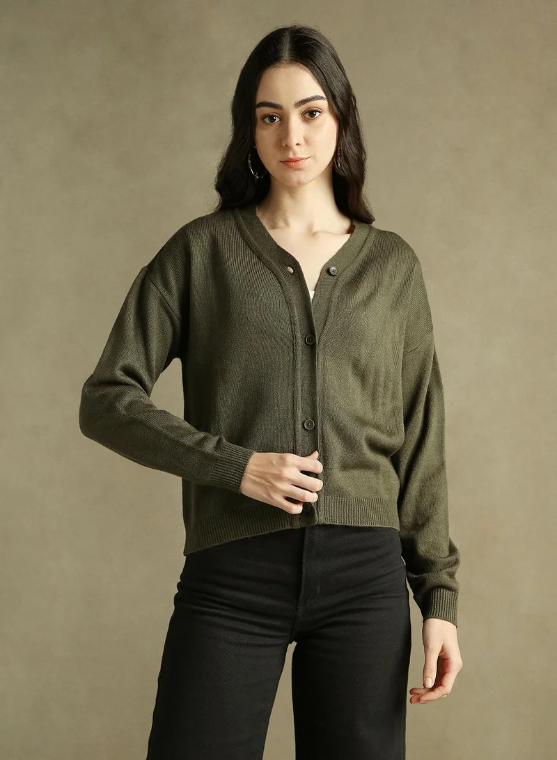 Dennis Lingo Women's Olive 100% Acrylic Solid Regular Fit Sweater