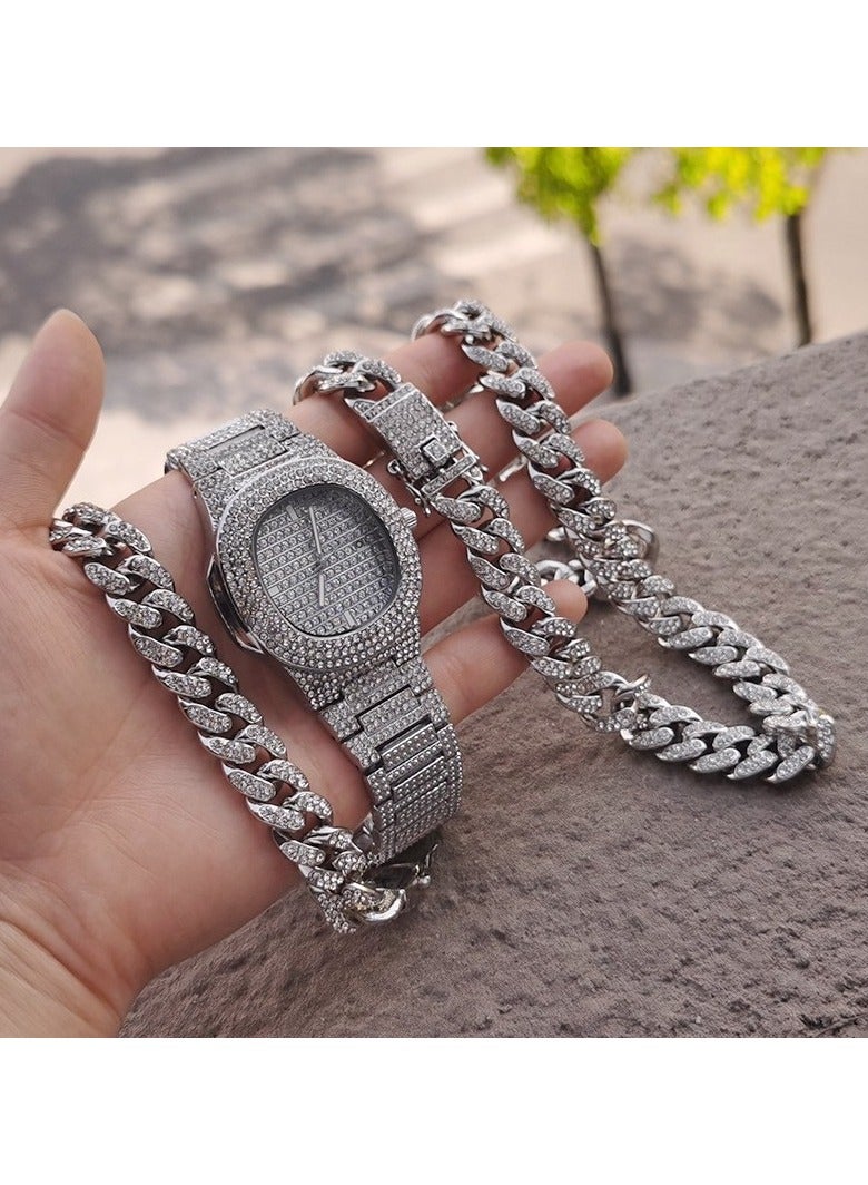 Men's Silver Cuban Link Bling Jewelry Set – Iced Out Hip Hop Watch, Bracelet & Chain – 3PCS Set Streetwear Gift - Image 2