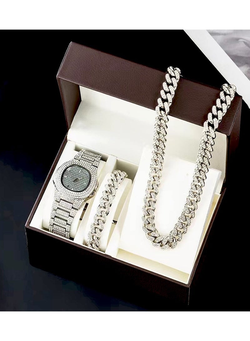 Men's Silver Cuban Link Bling Jewelry Set – Iced Out Hip Hop Watch, Bracelet & Chain – 3PCS Set Streetwear Gift - Image 1
