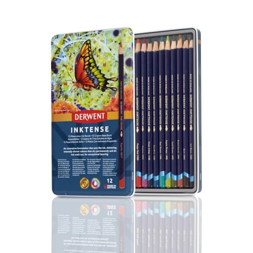 Derwent Inktense Permanent Watersoluble Pencils Tin, Drawing & Painting, Ideal For Layering, Use on Fabrics, Wax-based, Professional Quality - 700928 (Set of 12) - Image 1
