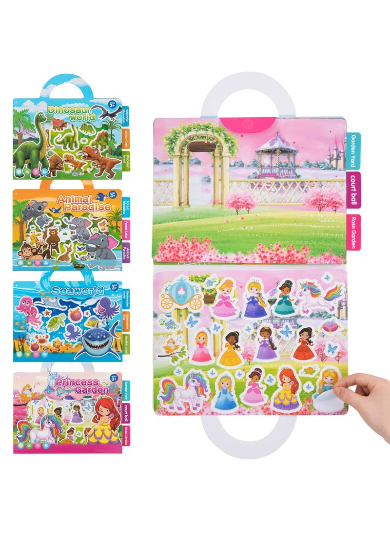 SOLARAE Reusable Sticker Books, Toddler Book Repositionable Pad for Kids Ages 2-4, 4 Sets Window Stickers Educational Toys Include Princess Garden Sea World Dinosaur Animal Paradise - Image 1