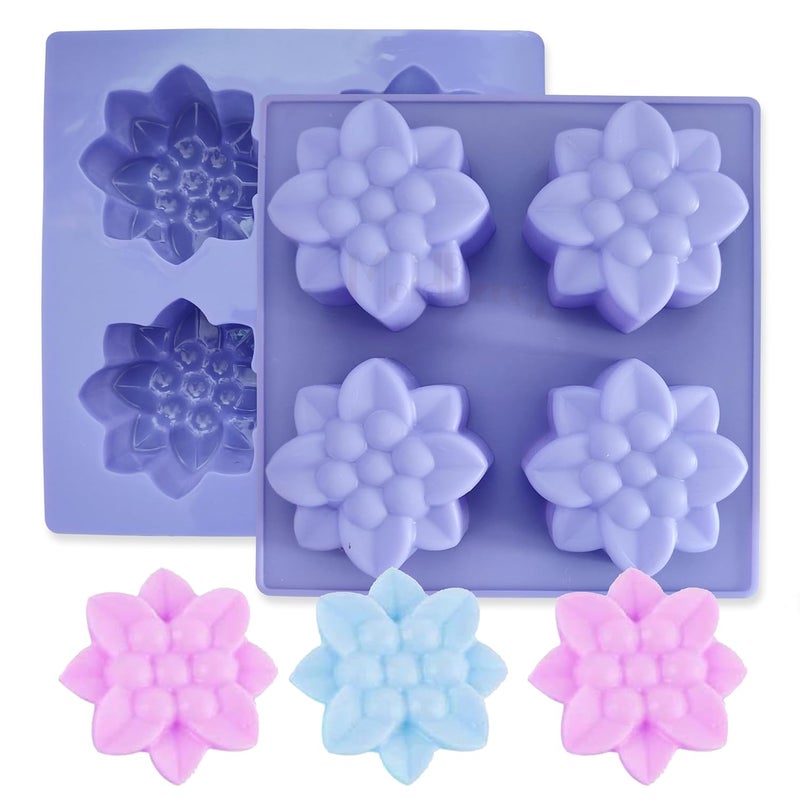 MOLDBERRY Silicone Soap Making Mould Silicone 4 Cavity Flower Shape Soap Mold Wax Melts Baking Tool Bar Silicone Mold for DIY Homemade Soaps Bath Bomb Lotion Bar Soap Bar Pack of 1Multicolor