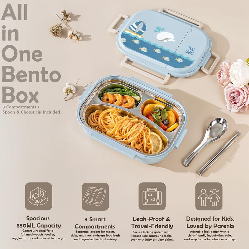 S2C Stainless Steel Kids Lunch Box | Bento-Style Tiffin with Leak-Proof Lid & Insulated Bag | Cute Designs for School & Travel | Large 1600ML Capacity (BLUE WHALE, 3 COMPARTMENT) - Image 5