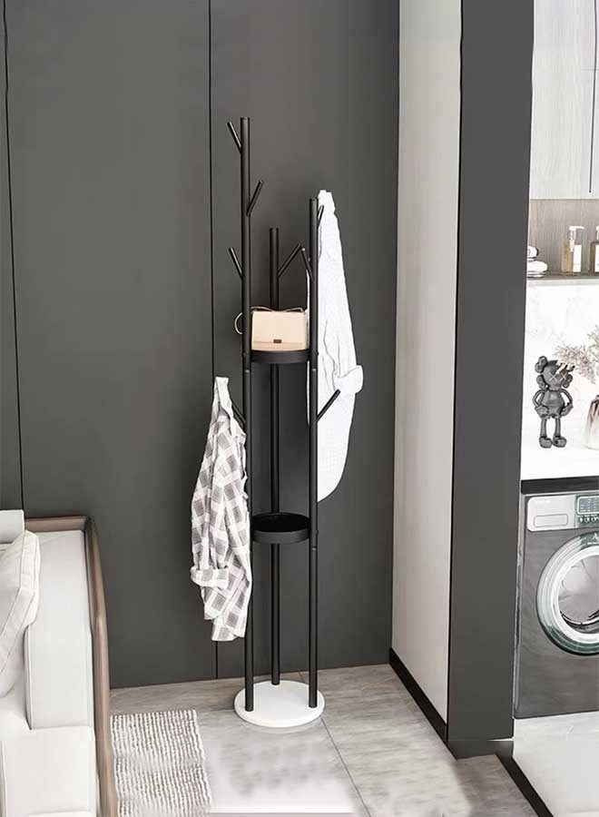 رَوَائِد رف ملابس معدني – حامل أسود مع رفوف وقاعدة من الرخام – شجرة معاطف مزودة بـ9 خطافات للأوشحة والحقائب – تصميم عصري – مناسب للمداخل، غرف المعيشة والنوم – سهل التركيب - Image 1