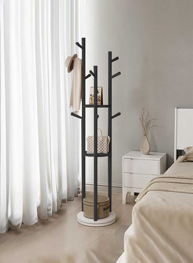 رَوَائِد رف ملابس معدني – حامل أسود مع رفوف وقاعدة من الرخام – شجرة معاطف مزودة بـ9 خطافات للأوشحة والحقائب – تصميم عصري – مناسب للمداخل، غرف المعيشة والنوم – سهل التركيب - Image 2