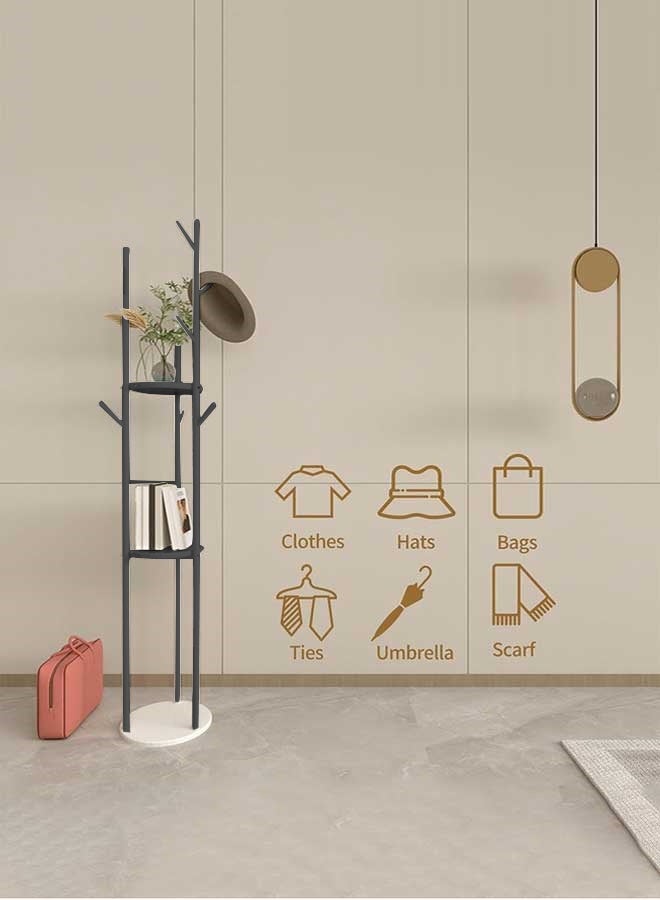رَوَائِد رف ملابس معدني – حامل أسود مع رفوف وقاعدة من الرخام – شجرة معاطف مزودة بـ9 خطافات للأوشحة والحقائب – تصميم عصري – مناسب للمداخل، غرف المعيشة والنوم – سهل التركيب - Image 4