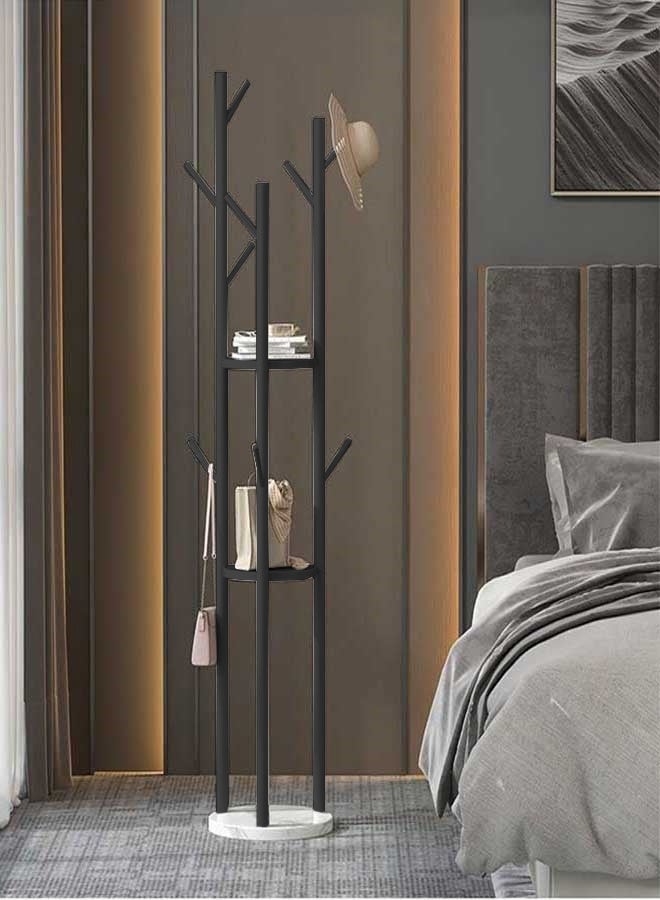 رَوَائِد رف ملابس معدني – حامل أسود مع رفوف وقاعدة من الرخام – شجرة معاطف مزودة بـ9 خطافات للأوشحة والحقائب – تصميم عصري – مناسب للمداخل، غرف المعيشة والنوم – سهل التركيب - Image 3