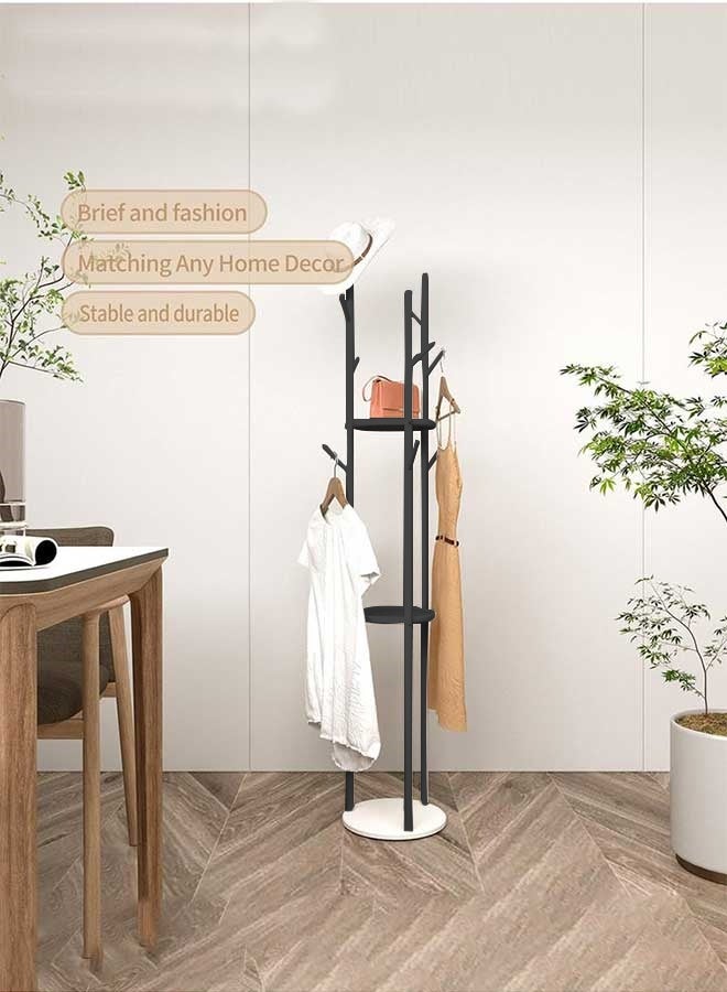 رَوَائِد رف ملابس معدني – حامل أسود مع رفوف وقاعدة من الرخام – شجرة معاطف مزودة بـ9 خطافات للأوشحة والحقائب – تصميم عصري – مناسب للمداخل، غرف المعيشة والنوم – سهل التركيب - Image 5