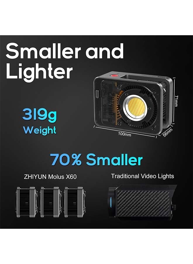 زيون زين زهيون مولوس X60 [رسمي] ضوء فيديو بألوان مزدوجة 60 واط، ضوء كاميرا محمول مستمر، تحكم عبر التطبيق • CRI≥95 • TLCI≥97 • 9 مشاهد للتسجيل الفيديو / البورتريه / الإعلانات التجارية (قياسي) - Image 4