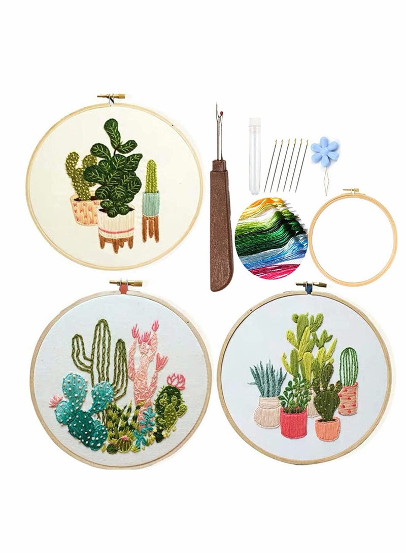 Cobest Embroidery, Embroidery Starter Kits for Adults Beginners with Stamped Pattern, Pack Include Embroidery Floss and Stamped fabric and Needles and Bamboo Hoop, Plant Cactus Series - Image 1