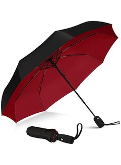 Windproof Travel Umbrella, Compact, Light, Automatic, Strong and Portable, Wind Resistant, Small Folding Backpack Umbrella for Rain, Red