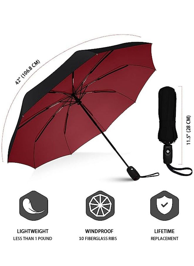 Arabest - Windproof Travel Umbrella, Compact, Light, Automatic, Strong and Portable, Wind Resistant, Small Folding Backpack Umbrella for Rain, Red - Image 1