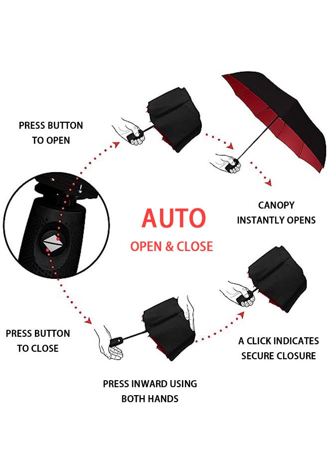 Arabest - Windproof Travel Umbrella, Compact, Light, Automatic, Strong and Portable, Wind Resistant, Small Folding Backpack Umbrella for Rain, Red - Image 1
