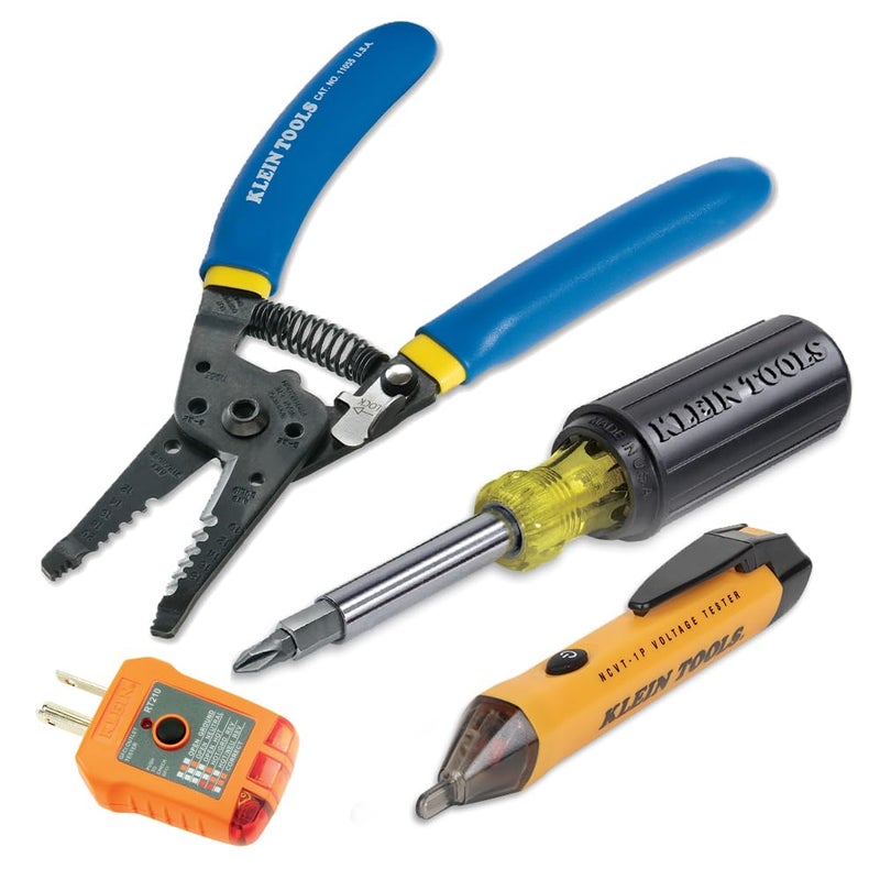 Klein Tools 80018P Tool Kit Made in USA Set with Wire Stripper Screwdriver NonContact Voltage Tester GFCI Outlet Tester Residential Tool Kit 4Piece