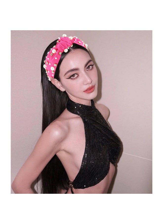 Velscrun - Pearl Knotted Headband For Women - Pink Rhinestone Crystal Hair Accessory, Wide Top Knot Holiday Gift - Image 1