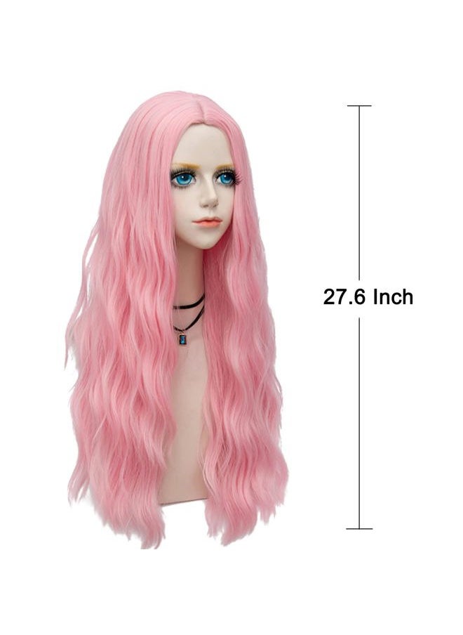 Probeauty Long Pink Wig Light Pink Wigs for Women Synthetic Heat Resistant Curly Wave Cosplay Wig for Halloween Costume  - Image 3