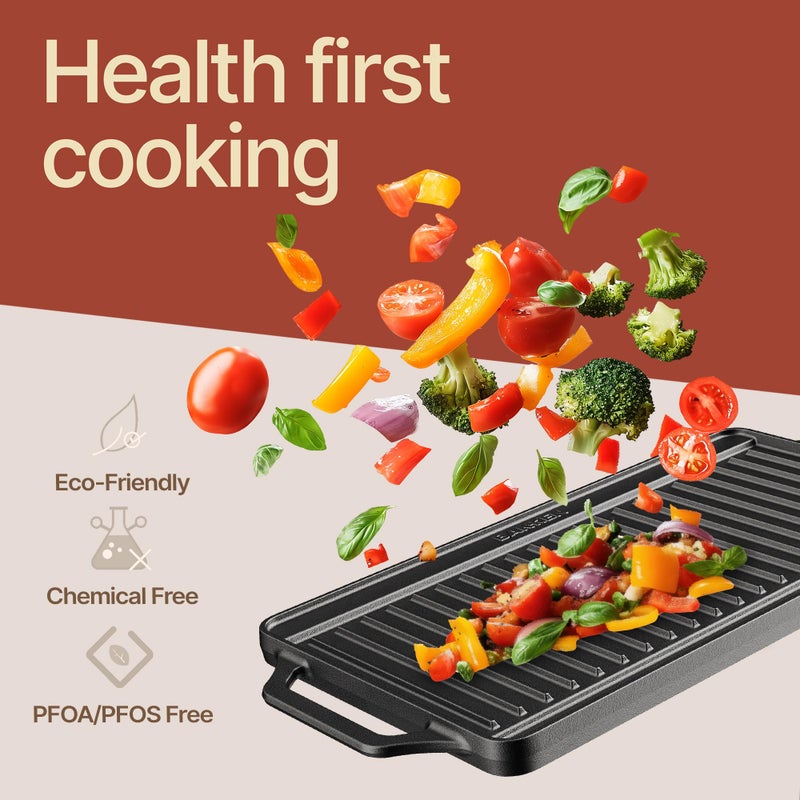 BAKKENMASTER Bakken 18â€ Reversible Cast Iron Griddle, Flat & Grill Side, Dual Burner Cooking Plate for Pancakes, Meats & Veggies, Pre-Seasoned, Nonstick, Oven & Campfire Safe, Heavy-Duty Griddle Top with Mitt - Image 5