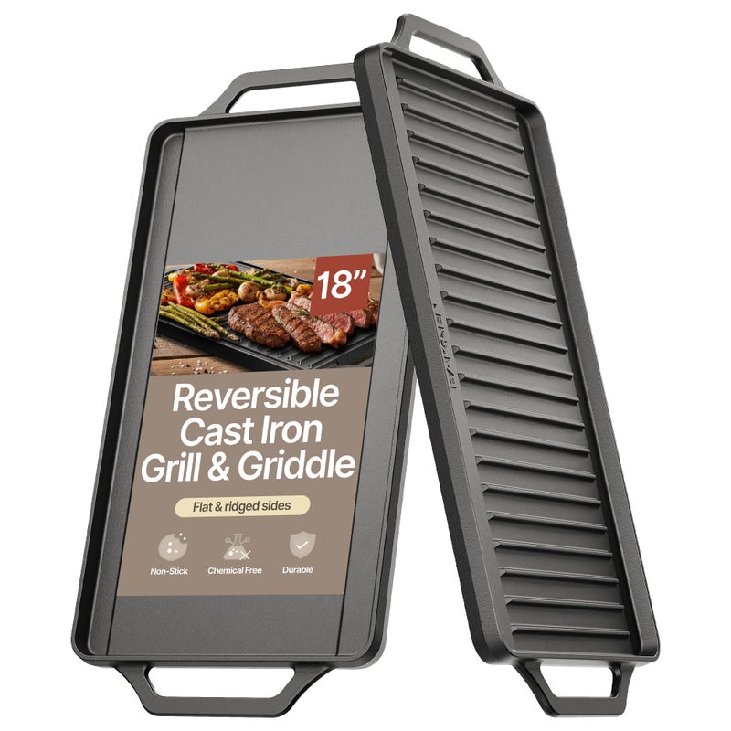 BAKKENMASTER Bakken 18â€ Reversible Cast Iron Griddle, Flat & Grill Side, Dual Burner Cooking Plate for Pancakes, Meats & Veggies, Pre-Seasoned, Nonstick, Oven & Campfire Safe, Heavy-Duty Griddle Top with Mitt - Image 1