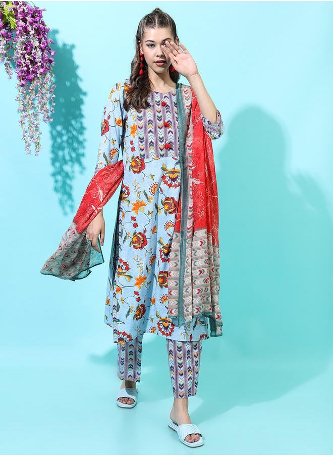 Vishudh - Women Blue Floral Cotton Kurta Set with Trouser and Dupatta by Styli - Image 1