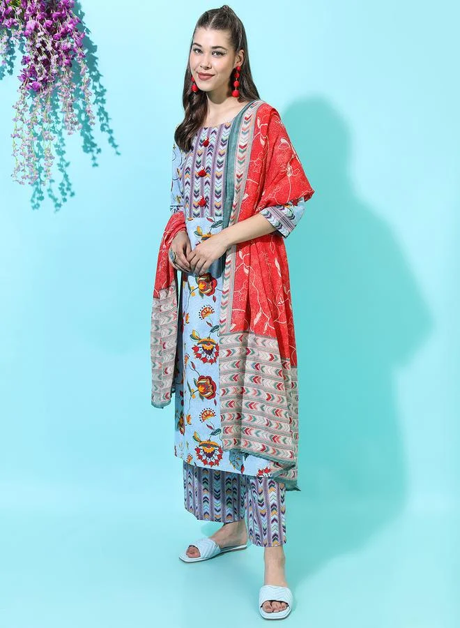 Vishudh Vishudh Women Blue Floral Cotton Kurta Set with Trouser and Dupatta