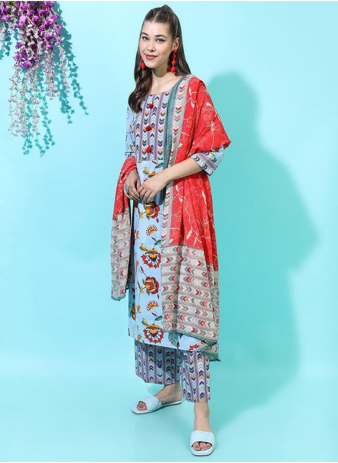 Vishudh - Women Blue Floral Cotton Kurta Set with Trouser and Dupatta by Styli - Image 1