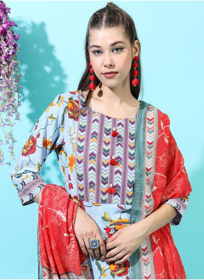 Vishudh - Women Blue Floral Cotton Kurta Set with Trouser and Dupatta by Styli - Image 1