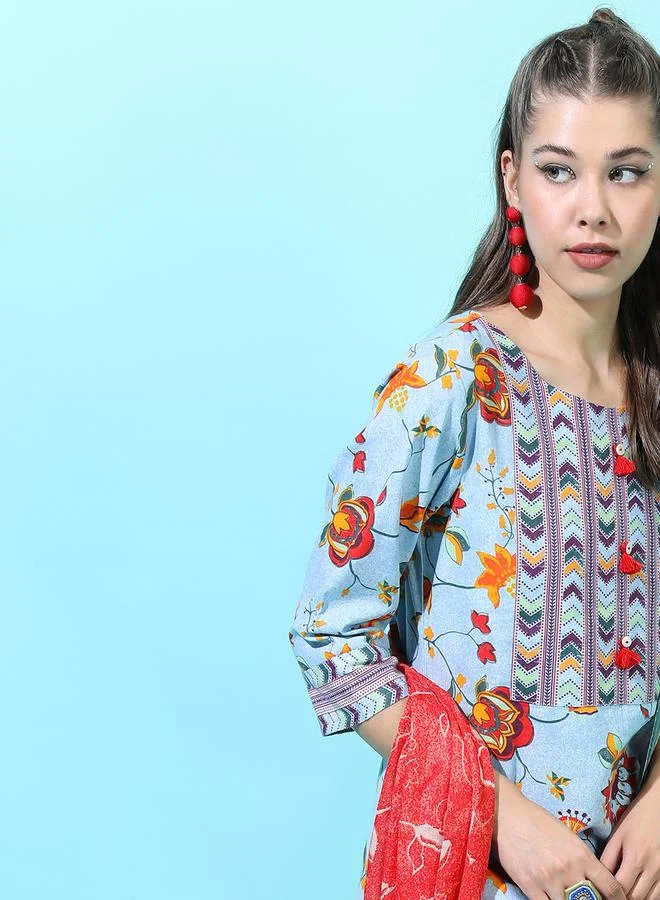 Vishudh Vishudh Women Blue Floral Cotton Kurta Set with Trouser and Dupatta