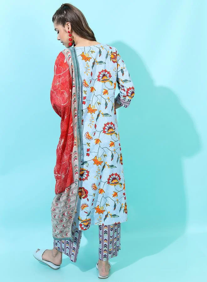 Vishudh Vishudh Women Blue Floral Cotton Kurta Set with Trouser and Dupatta
